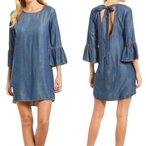 Bella Doll Chambray Mini Dress with Bell Sleeves size XS Tie Open Back Boho
